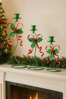 Dennis East Designer Holly Ribbon Candlesticks — Trellis Collection Holiday...